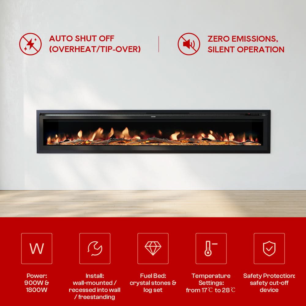 Extra Wide Wall Mounted Electric Fireplace – 12 Flame Colours, Remote Control & Dual Heat (70/80/100 Inch)