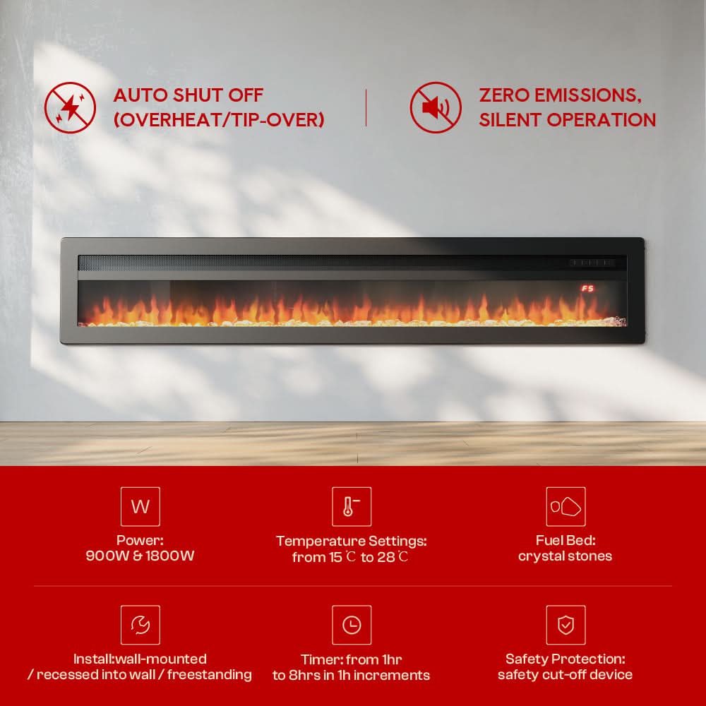 3-in-1 Recessed, Wall Mounted & Freestanding Electric Fireplace – 12 Flame Colours, 900W/1800W (40/50/60/70 Inch)