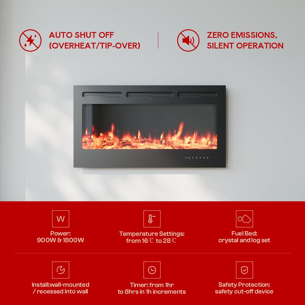 Recessed & Wall Mounted Electric Fireplace – 12 Flame Colours, 5120 BTU/h & Remote Control (40/50/60/70/80 Inch)