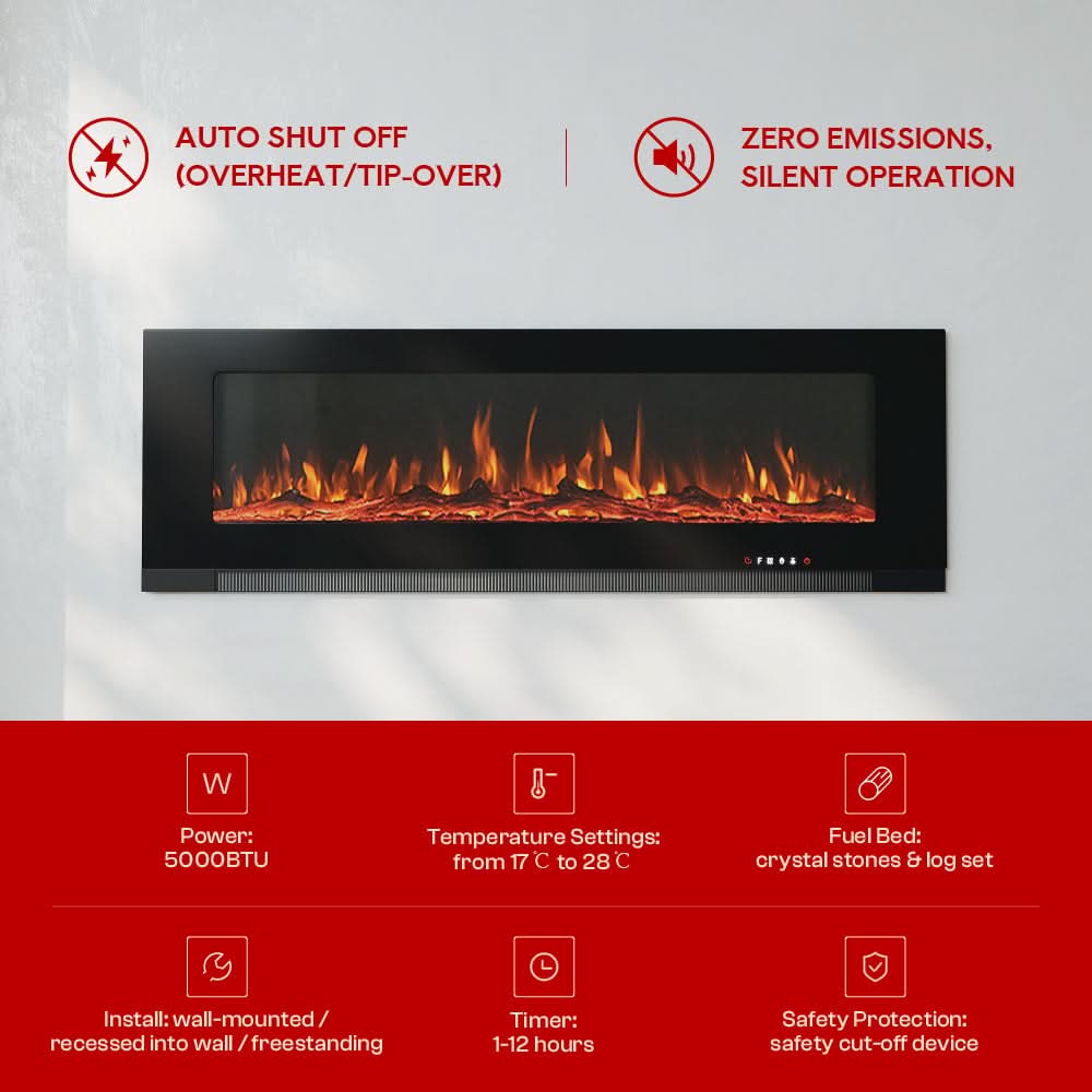 Wall Mounted Electric Fireplace – 12 Flame Colours & 5 Brightness Levels, Heats up to 400 sq ft (50/60/72 Inch)