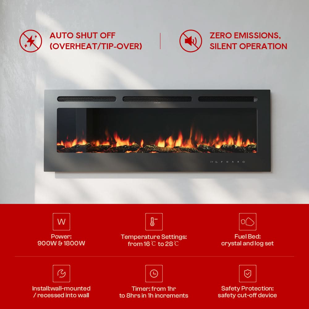 Recessed & Wall Mounted Electric Fireplace – 12 Flame Colours, 5120 BTU/h & Remote Control (40/50/60/70/80 Inch)