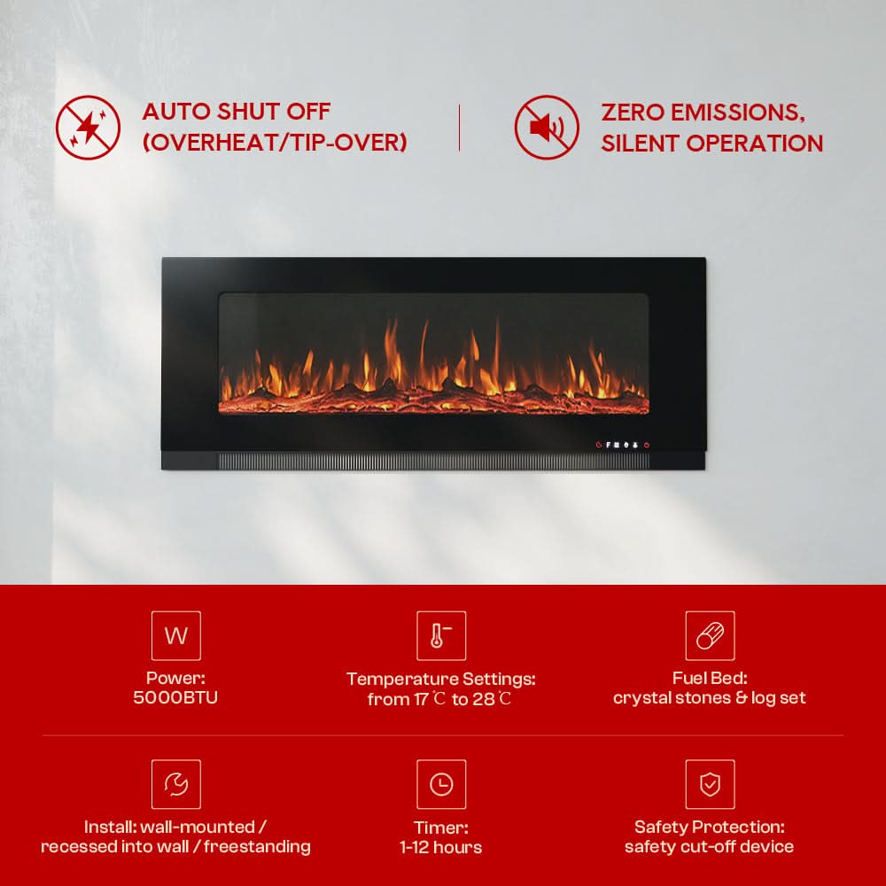 Wall Mounted Electric Fireplace – 12 Flame Colours & 5 Brightness Levels, Heats up to 400 sq ft (50/60/72 Inch)