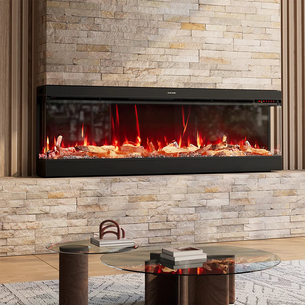 3-Sided Panoramic Electric Fireplace – WiFi App Control, Crackling Sound & 12 Flame Colours (50/60/70 Inch)