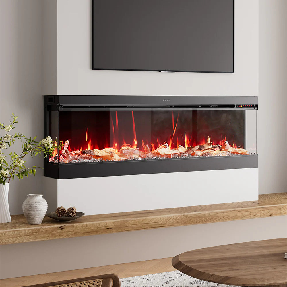 3-Sided Panoramic Electric Fireplace – WiFi App Control, Crackling Sound & 12 Flame Colours (50/60/70 Inch)