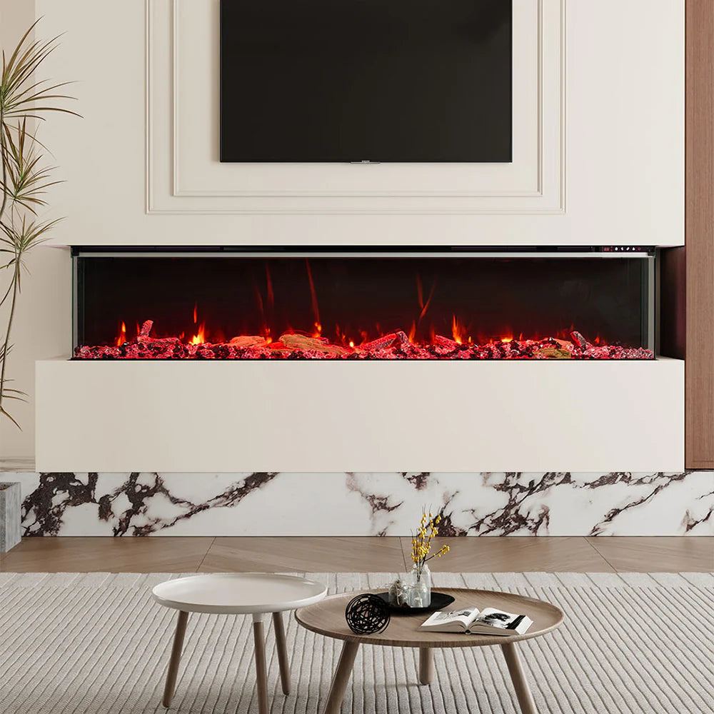 3-Sided Panoramic Electric Fireplace – WiFi App Control, Crackling Sound & 12 Flame Colours (50/60/70 Inch)