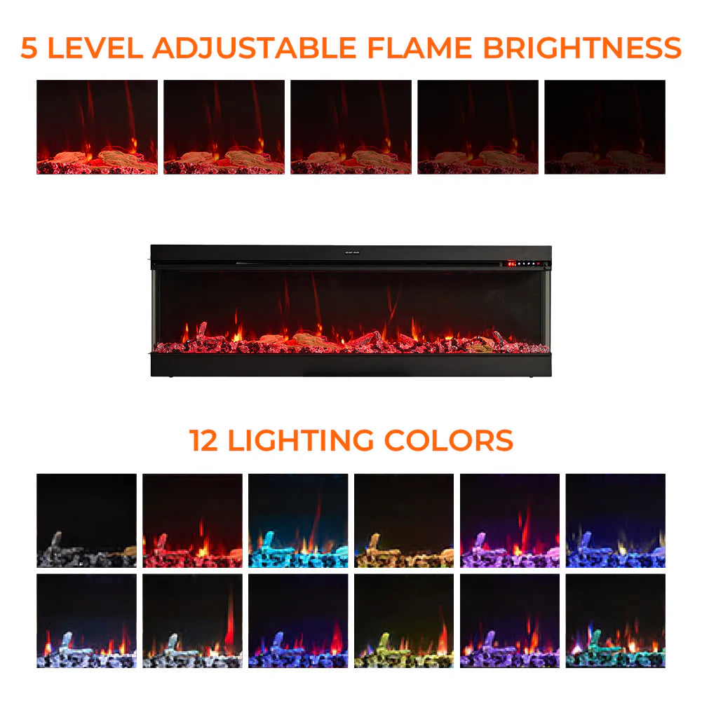 3-Sided Panoramic Electric Fireplace – WiFi App Control, Crackling Sound & 12 Flame Colours (50/60/70 Inch)