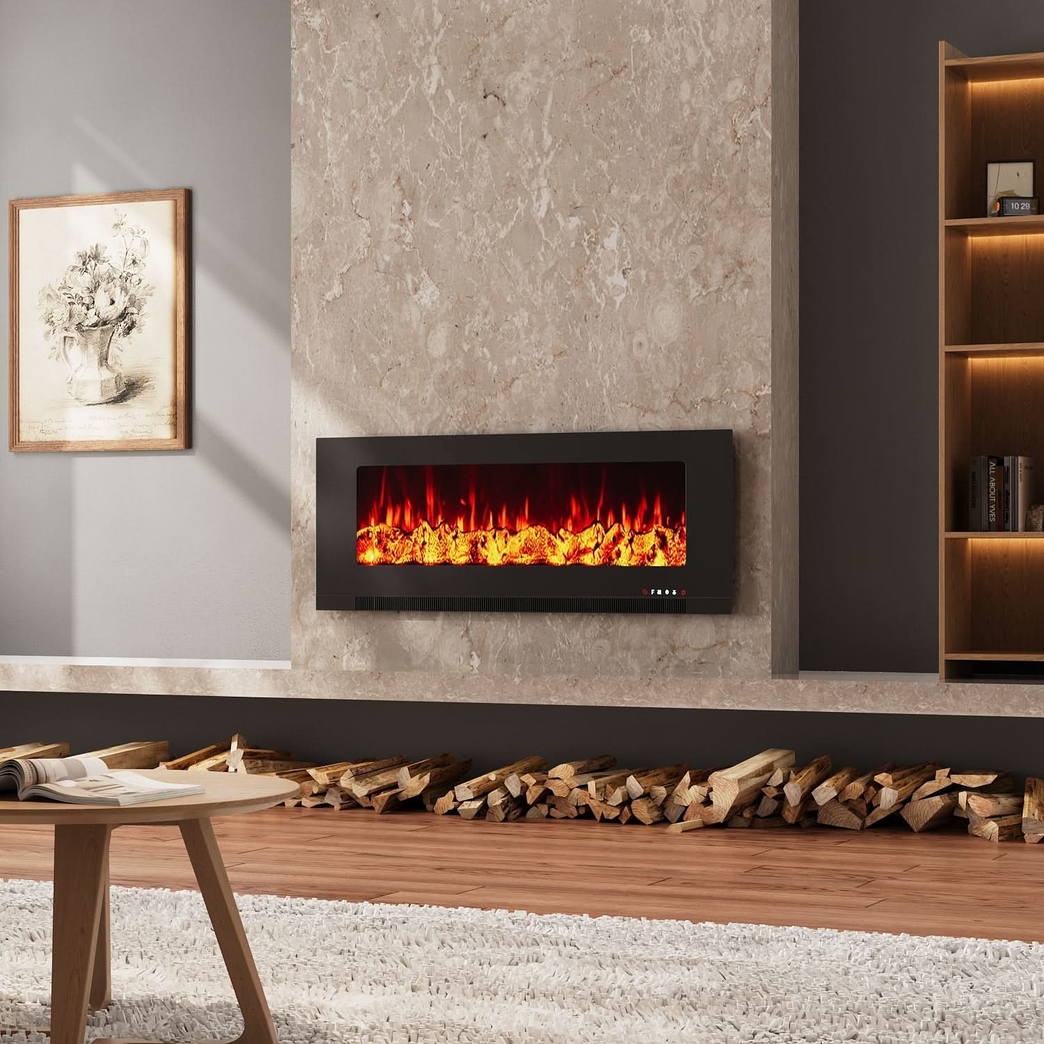 Wall Mounted Electric Fireplace – 12 Flame Colours & 5 Brightness Levels, Heats up to 400 sq ft (50/60/72 Inch)