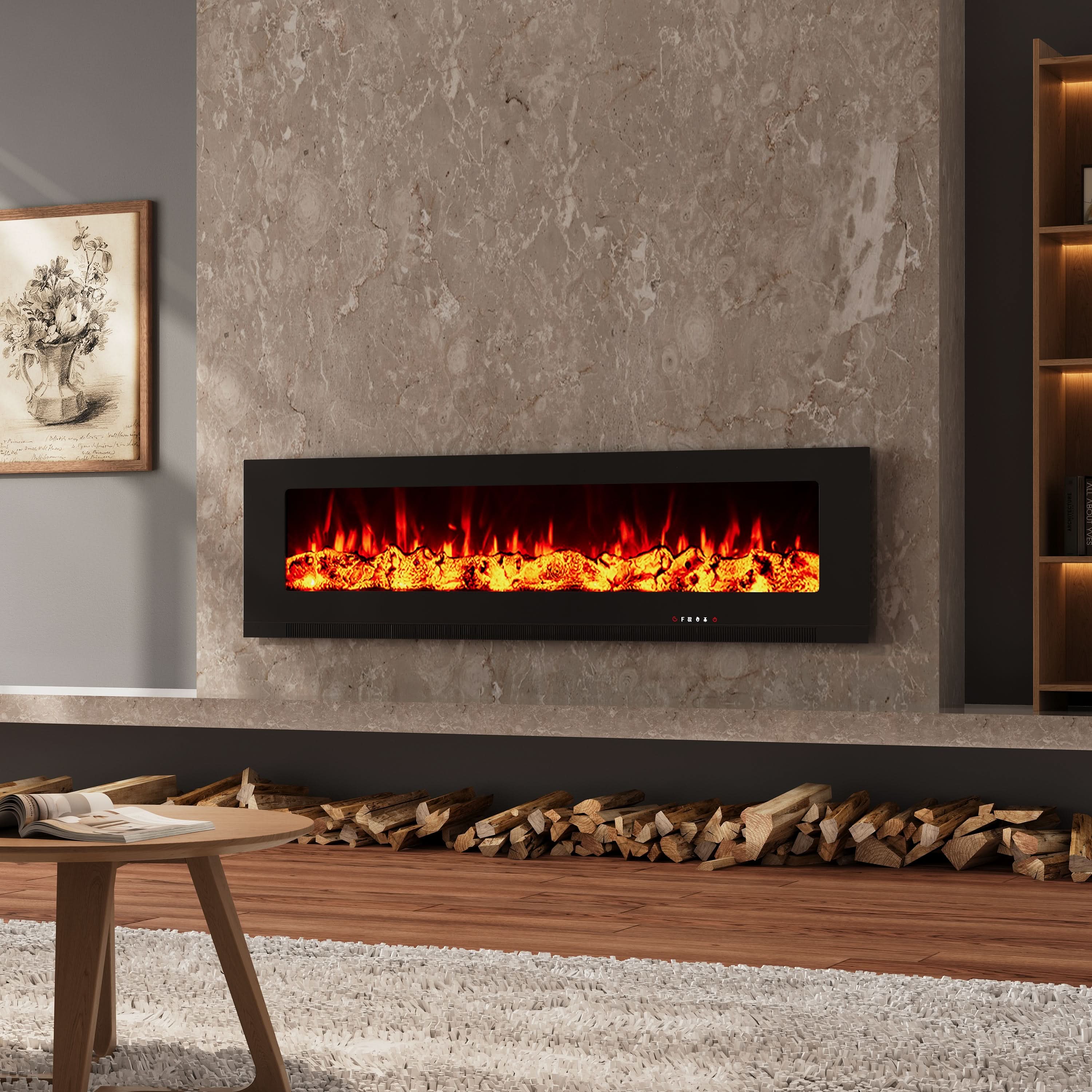 Wall Mounted Electric Fireplace – 12 Flame Colours & 5 Brightness Levels, Heats up to 400 sq ft (50/60/72 Inch)