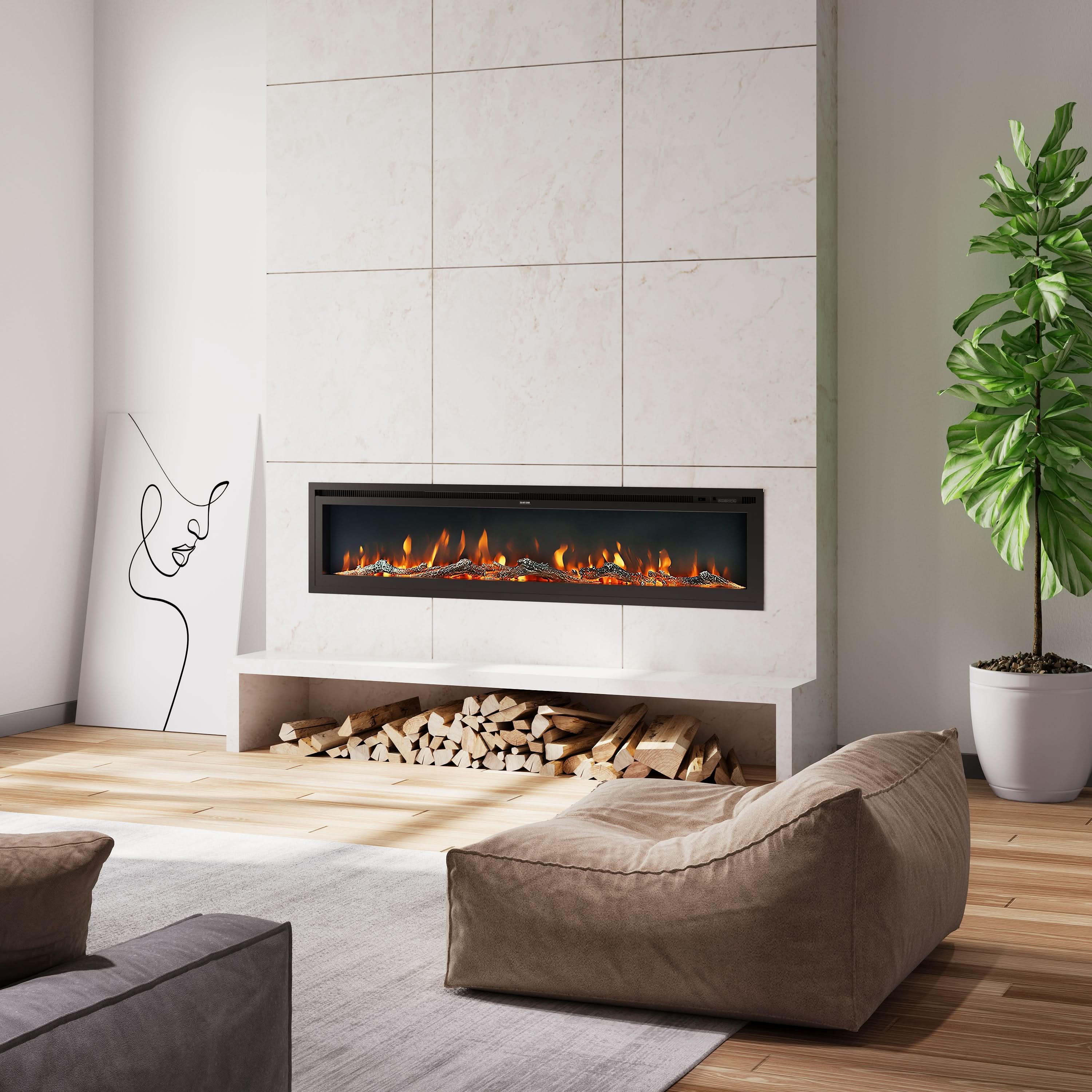 Extra Wide Wall Mounted Electric Fireplace – 12 Flame Colours, Remote Control & Dual Heat (70/80/100 Inch)
