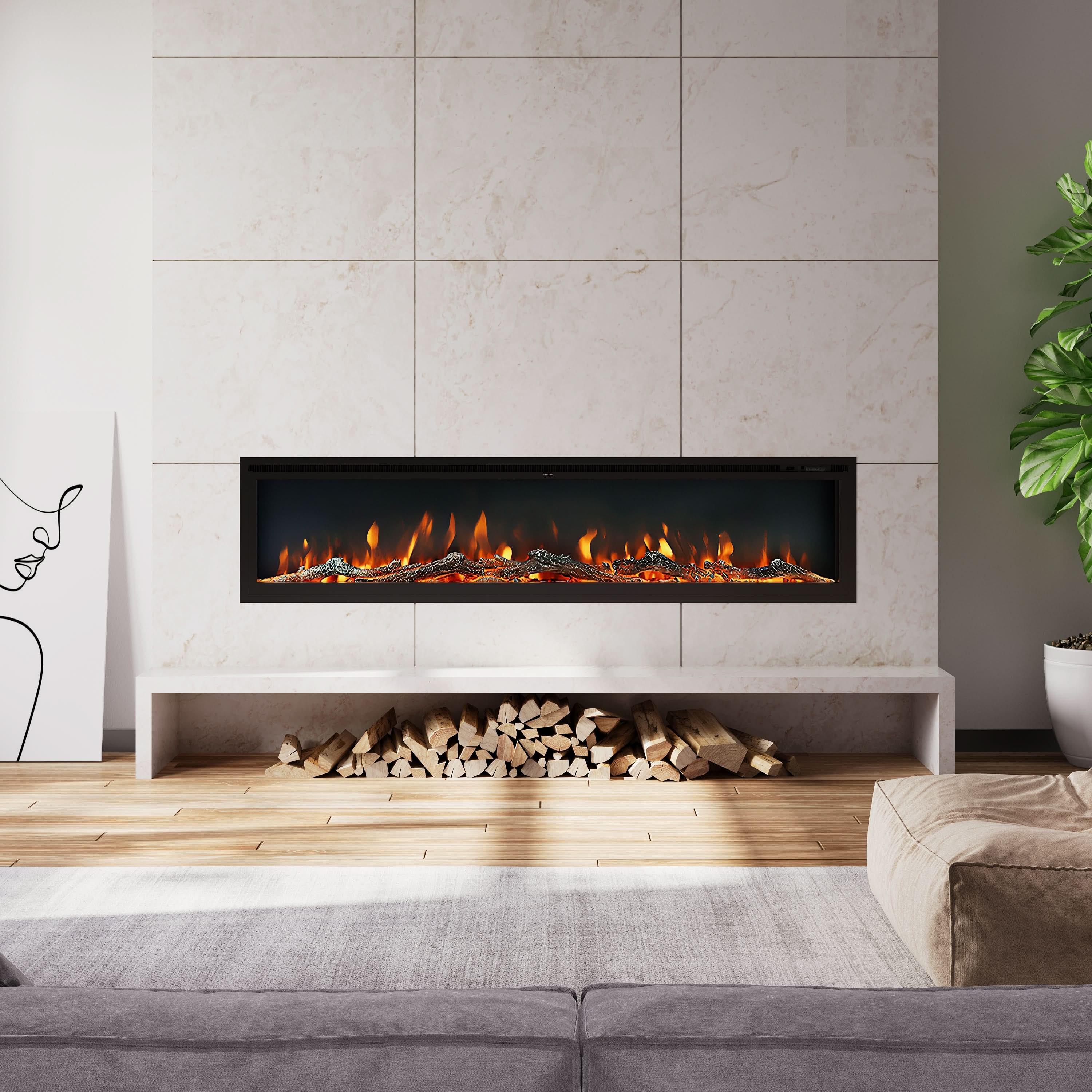 Extra Wide Wall Mounted Electric Fireplace – 12 Flame Colours, Remote Control & Dual Heat (70/80/100 Inch)