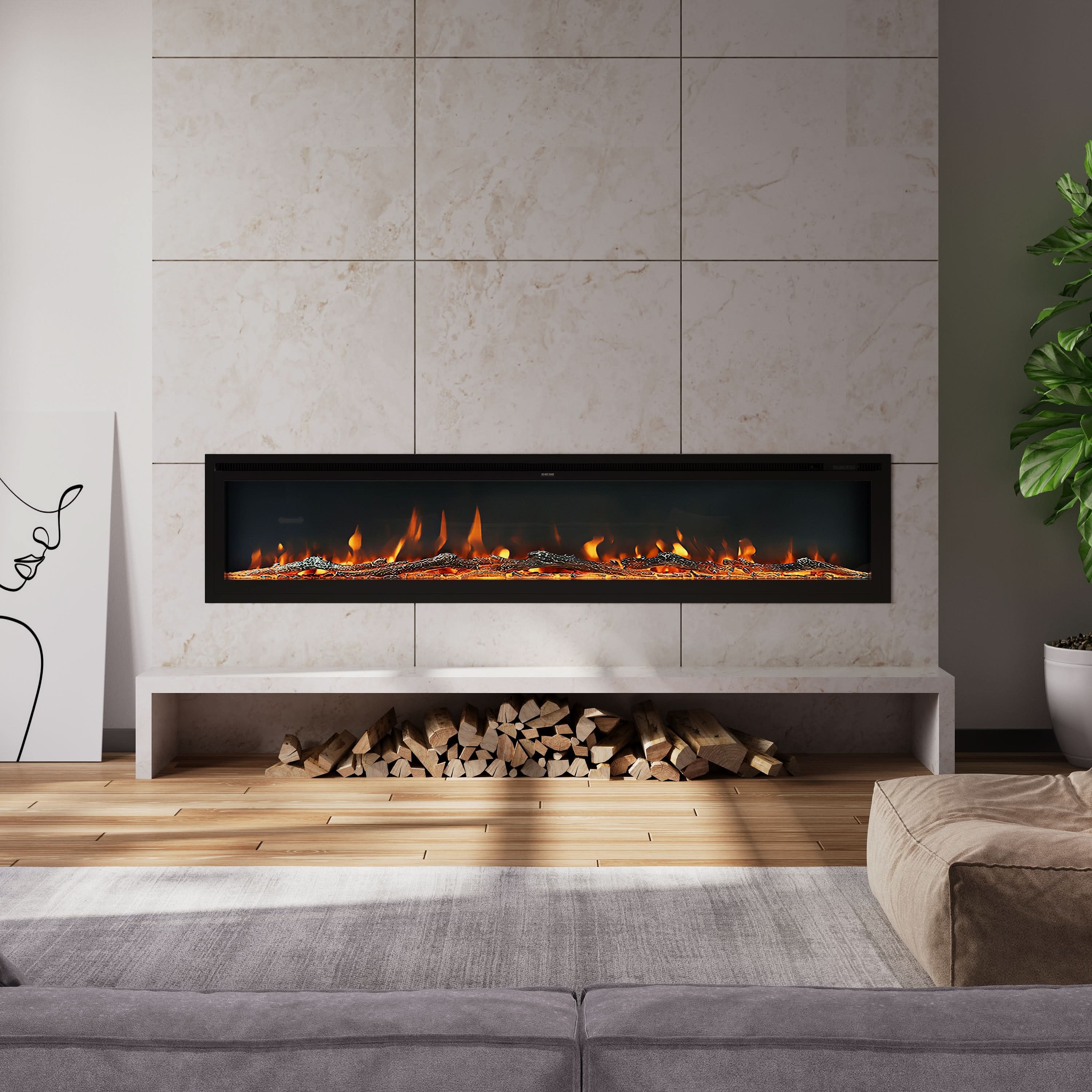 Extra Wide Wall Mounted Electric Fireplace – 12 Flame Colours, Remote Control & Dual Heat (70/80/100 Inch)