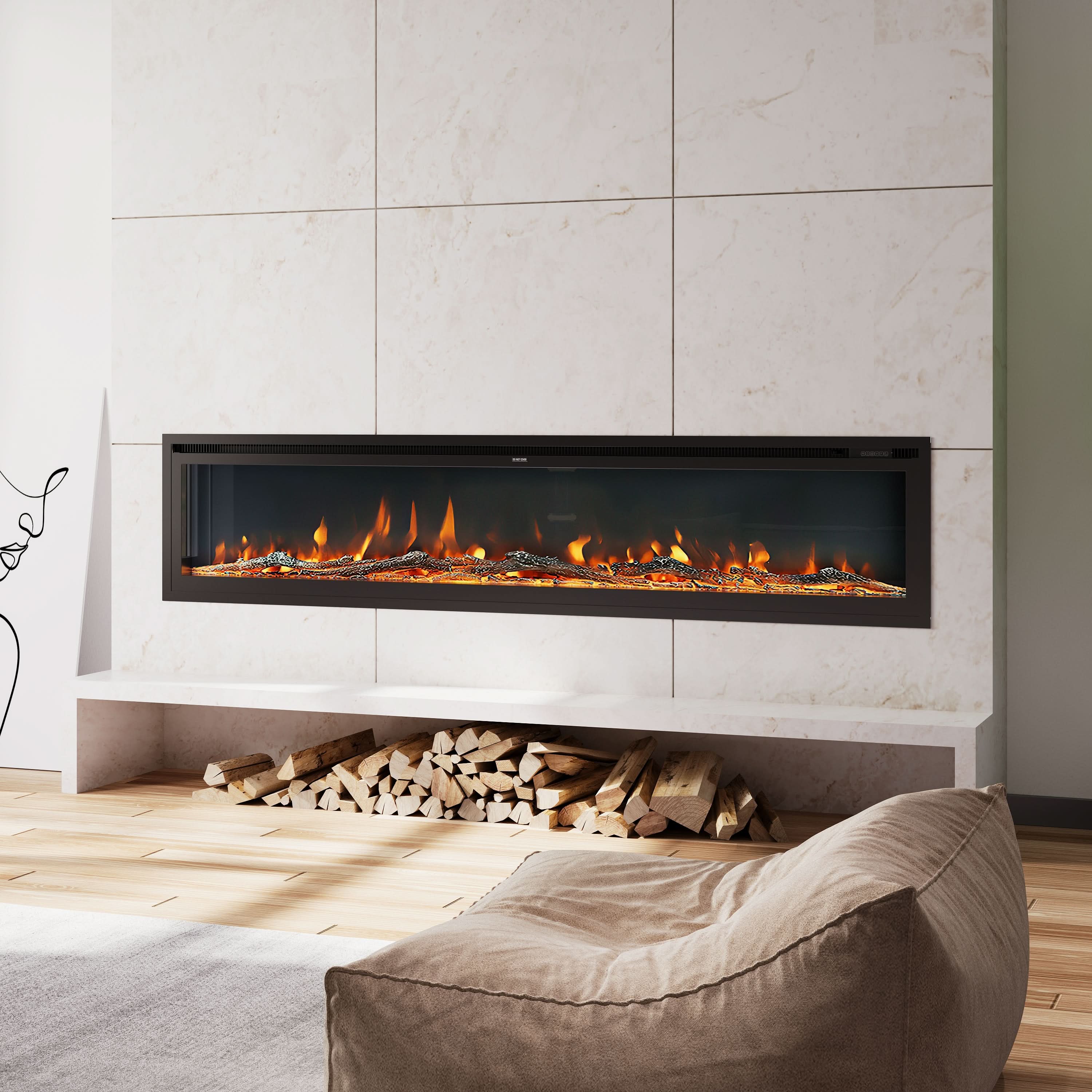 Extra Wide Wall Mounted Electric Fireplace – 12 Flame Colours, Remote Control & Dual Heat (70/80/100 Inch)