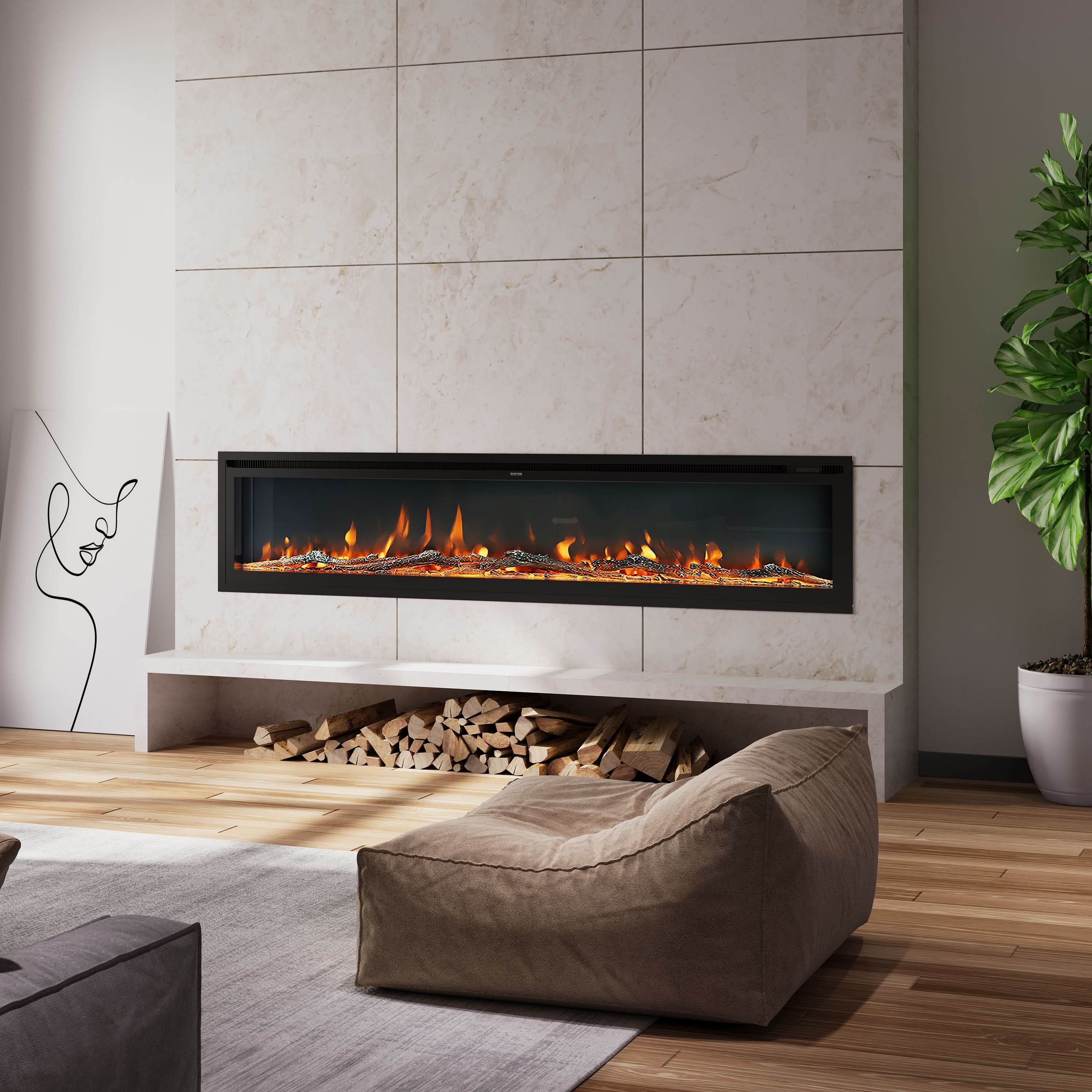 Extra Wide Wall Mounted Electric Fireplace – 12 Flame Colours, Remote Control & Dual Heat (70/80/100 Inch)