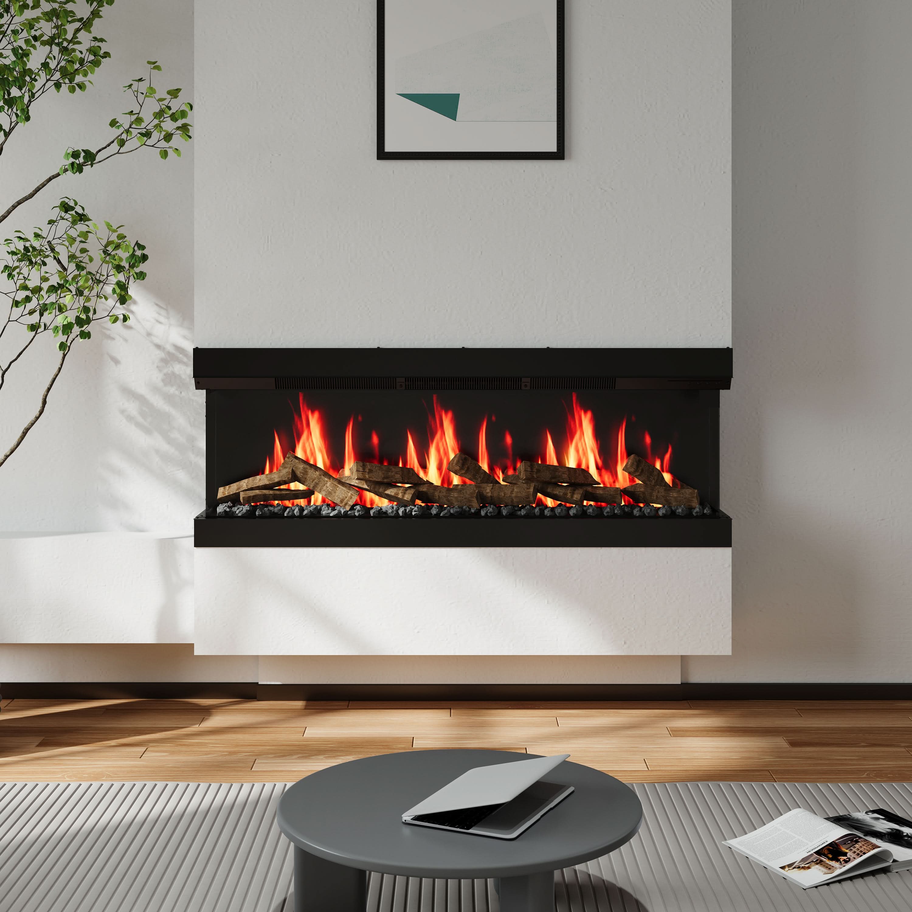 3-Sided Smart Electric Fireplace – WiFi & Remote Control, 12 Flame Colours with Gradient Effects (50/60 Inch)