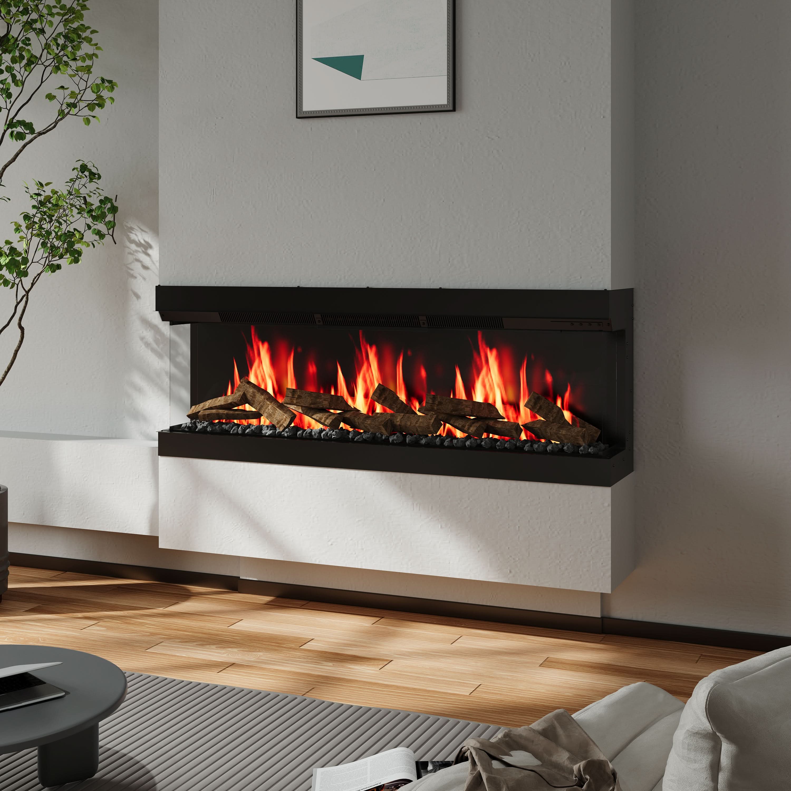 3-Sided Smart Electric Fireplace – WiFi & Remote Control, 12 Flame Colours with Gradient Effects (50/60 Inch)