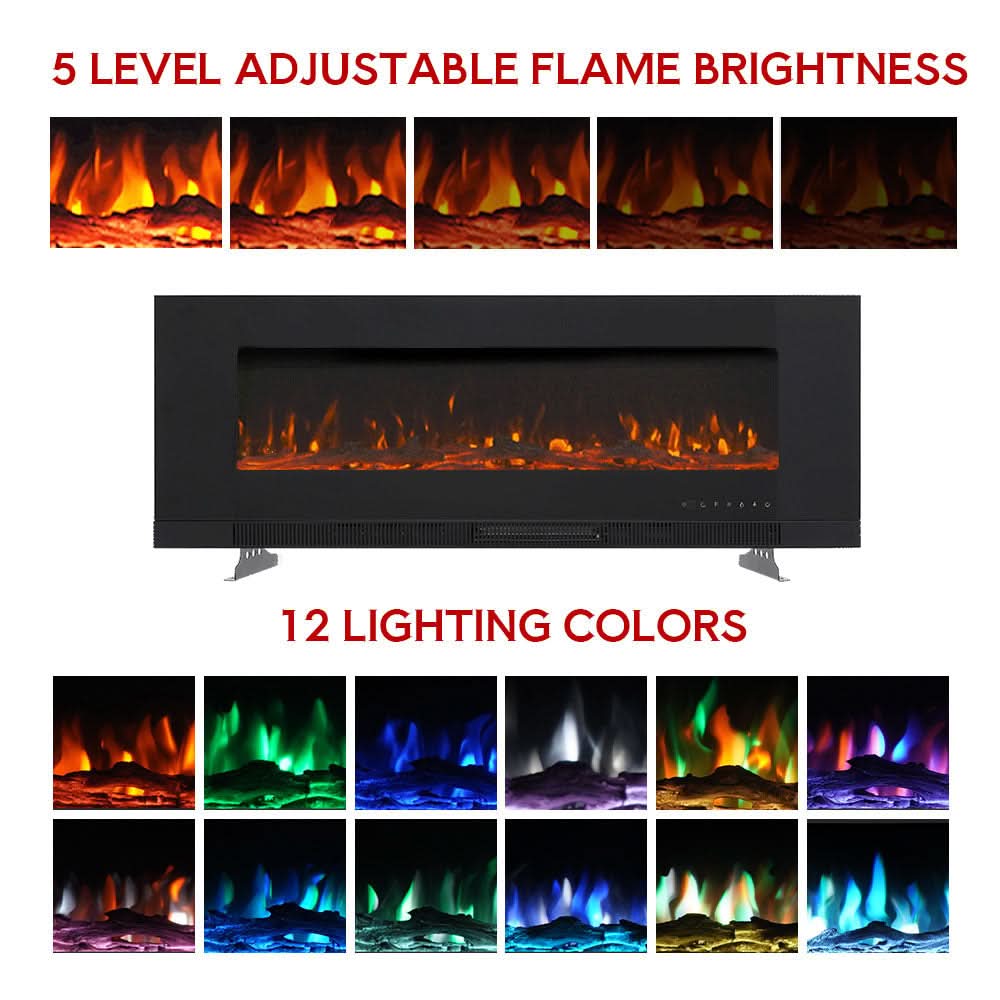 Wall Mounted Electric Fireplace – 12 Flame Colours & 5 Brightness Levels, Heats up to 400 sq ft (50/60/72 Inch)