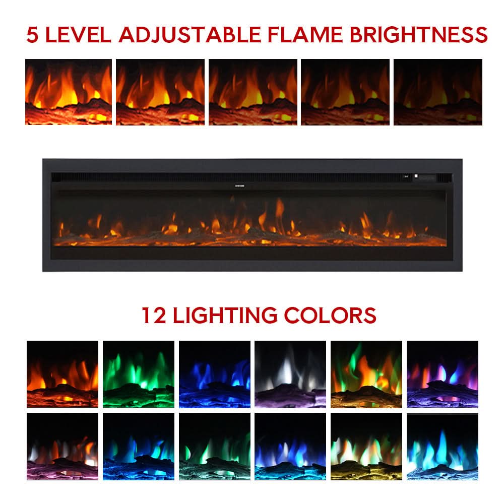 Extra Wide Wall Mounted Electric Fireplace – 12 Flame Colours, Remote Control & Dual Heat (70/80/100 Inch)