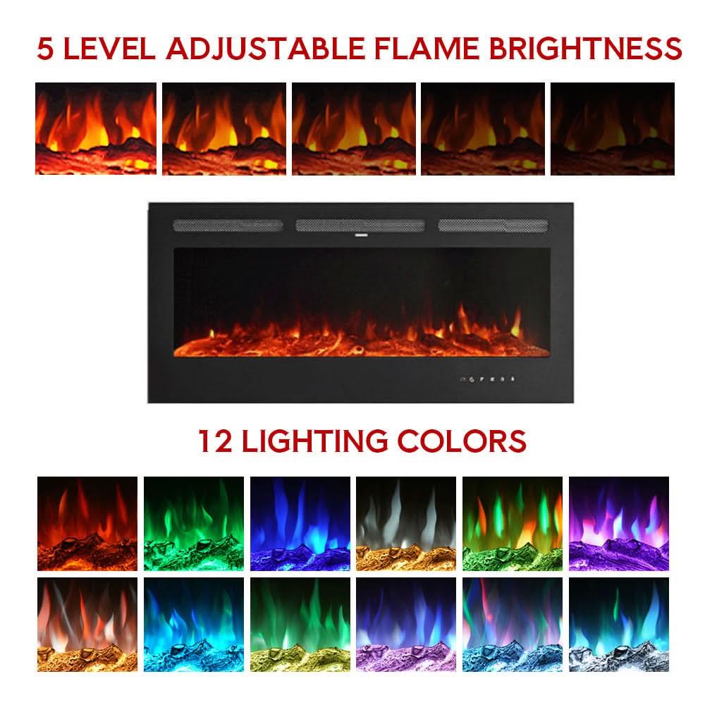 Recessed & Wall Mounted Electric Fireplace – 12 Flame Colours, 5120 BTU/h & Remote Control (40/50/60/70/80 Inch)
