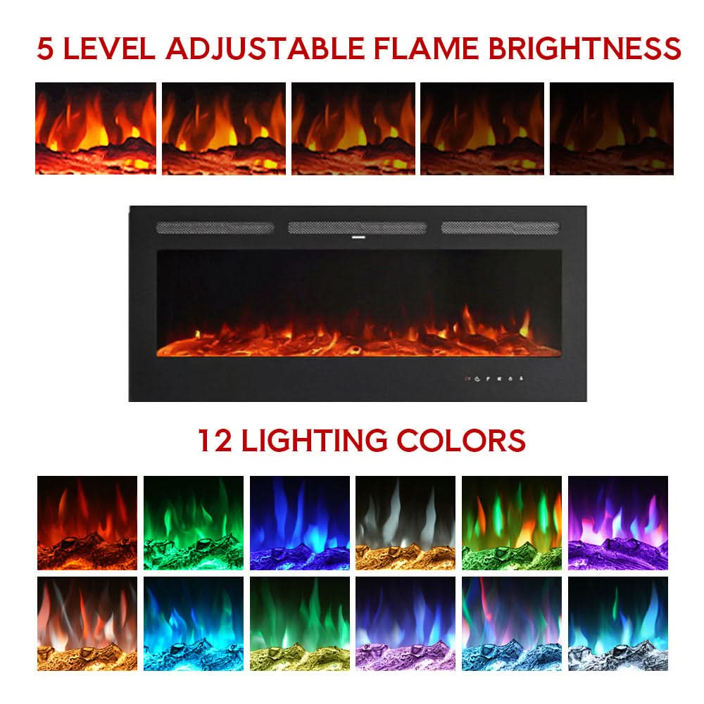 Recessed & Wall Mounted Electric Fireplace – 12 Flame Colours, 5120 BTU/h & Remote Control (40/50/60/70/80 Inch)