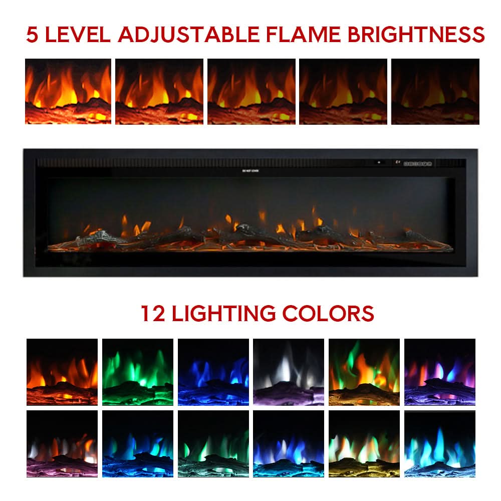 Recessed & Wall Mounted LED Electric Fireplace – 12 Flame Colours, Thermostat & Remote (40/50/60 Inch)