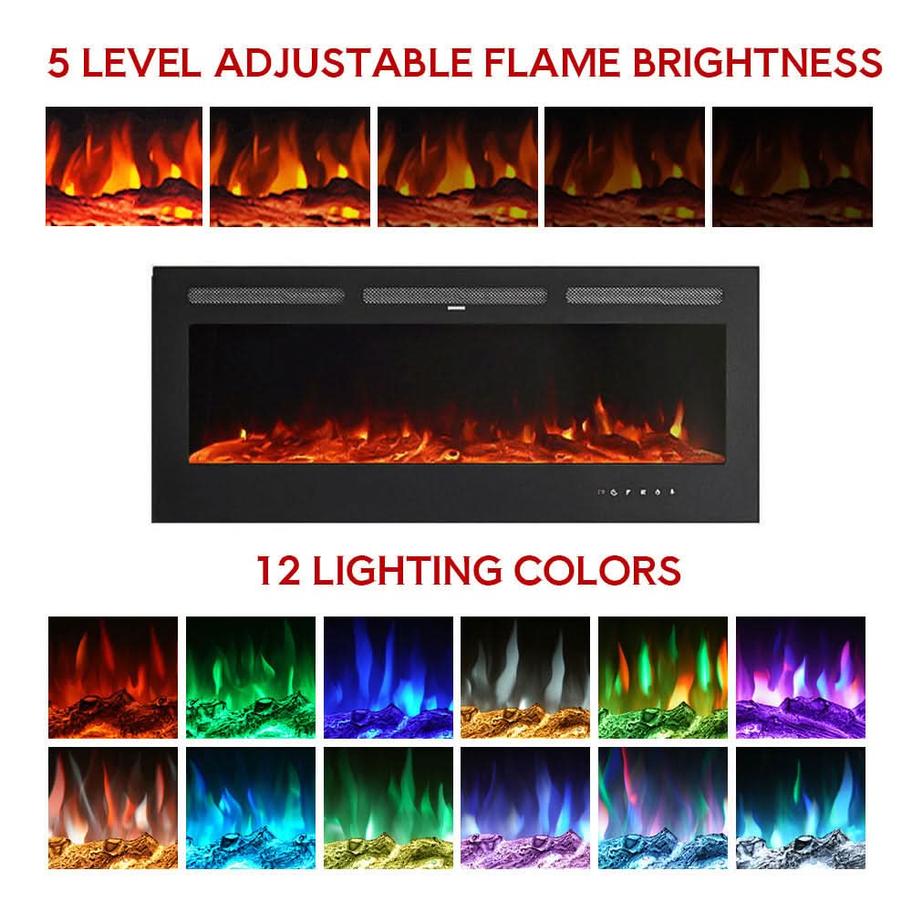 Recessed & Wall Mounted Electric Fireplace – 12 Flame Colours, 5120 BTU/h & Remote Control (40/50/60/70/80 Inch)