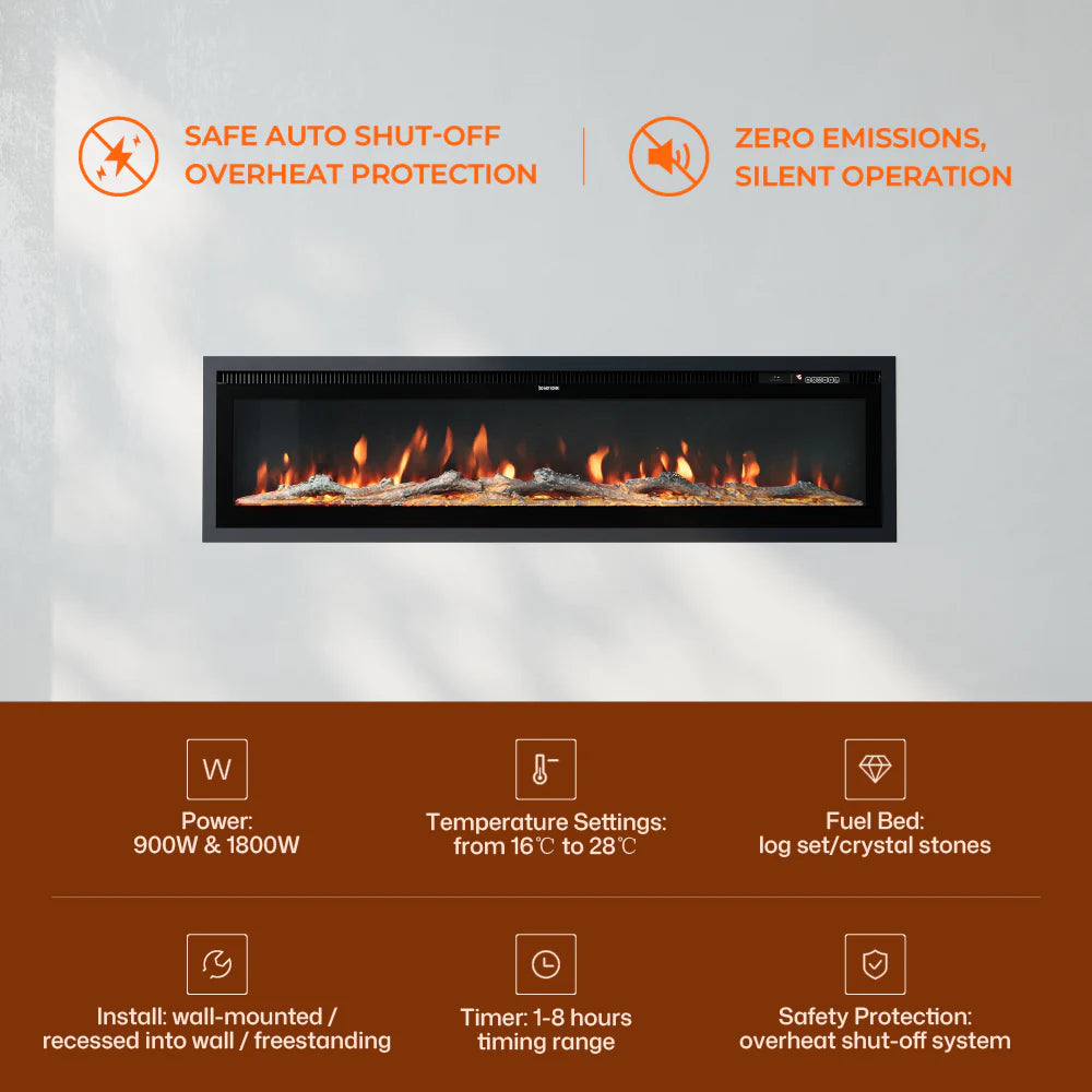 Recessed & Wall Mounted LED Electric Fireplace – 12 Flame Colours, Thermostat & Remote (40/50/60 Inch)