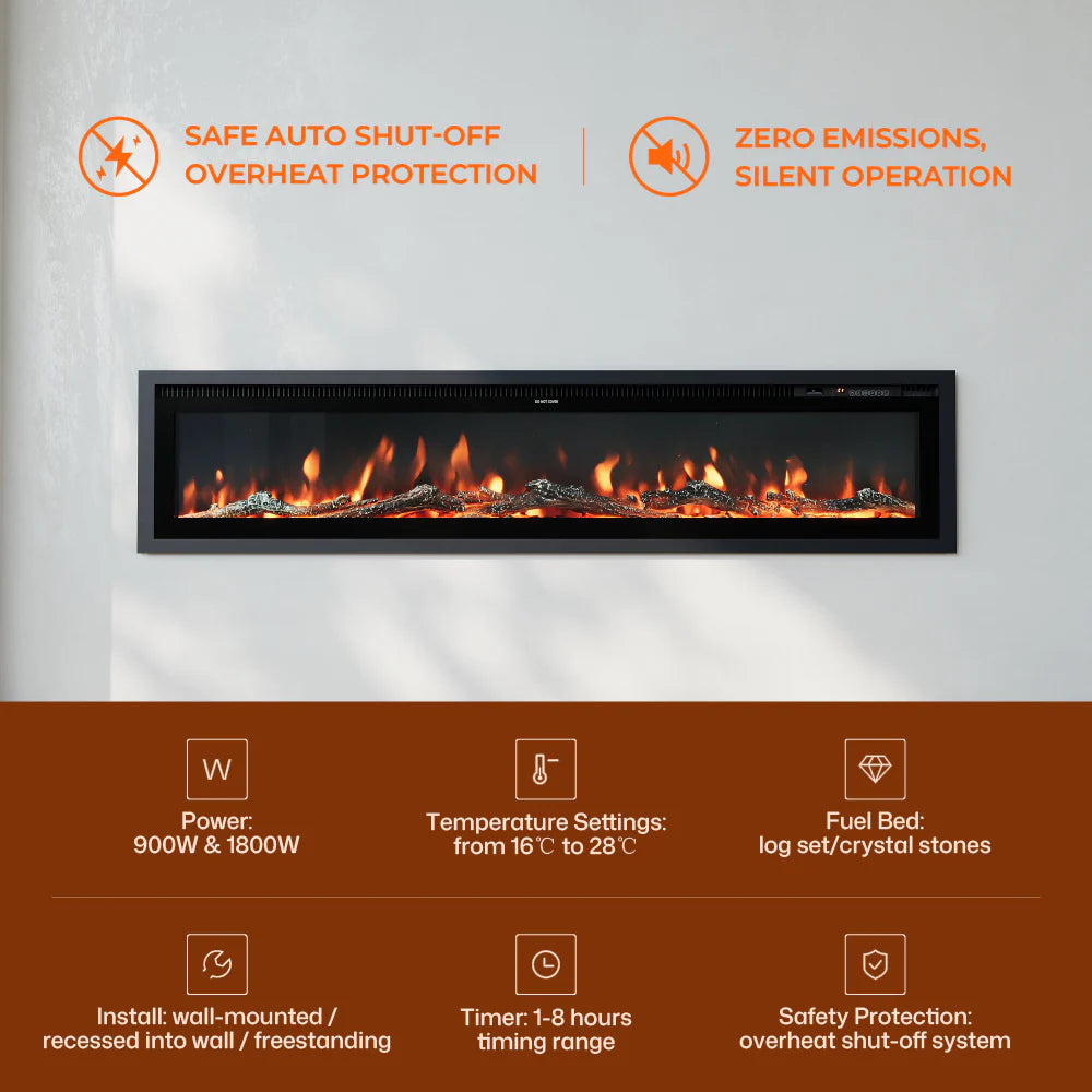 Recessed & Wall Mounted LED Electric Fireplace – 12 Flame Colours, Thermostat & Remote (40/50/60 Inch)