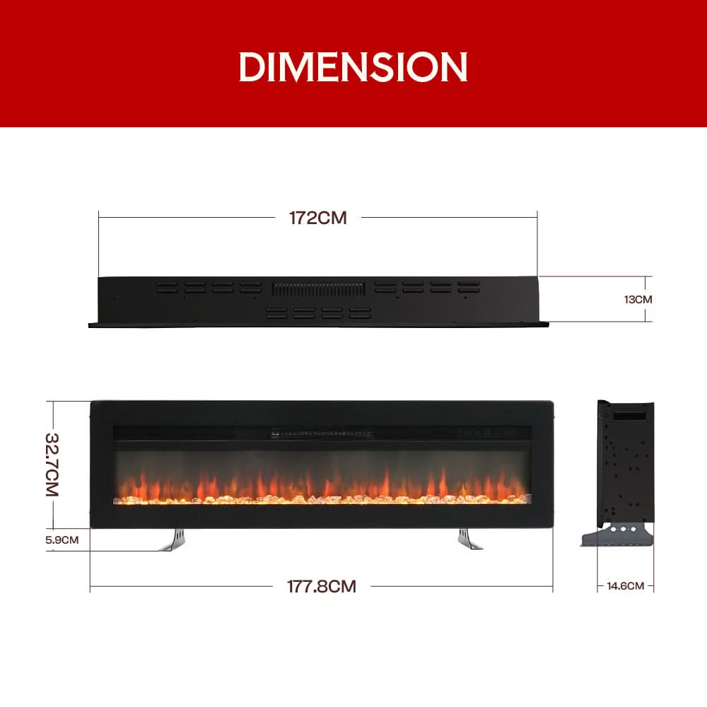 3-in-1 Recessed, Wall Mounted & Freestanding Electric Fireplace – 12 Flame Colours, 900W/1800W (40/50/60/70 Inch)