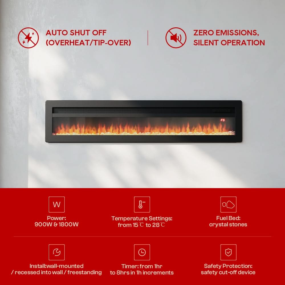 3-in-1 Recessed, Wall Mounted & Freestanding Electric Fireplace – 12 Flame Colours, 900W/1800W (40/50/60/70 Inch)
