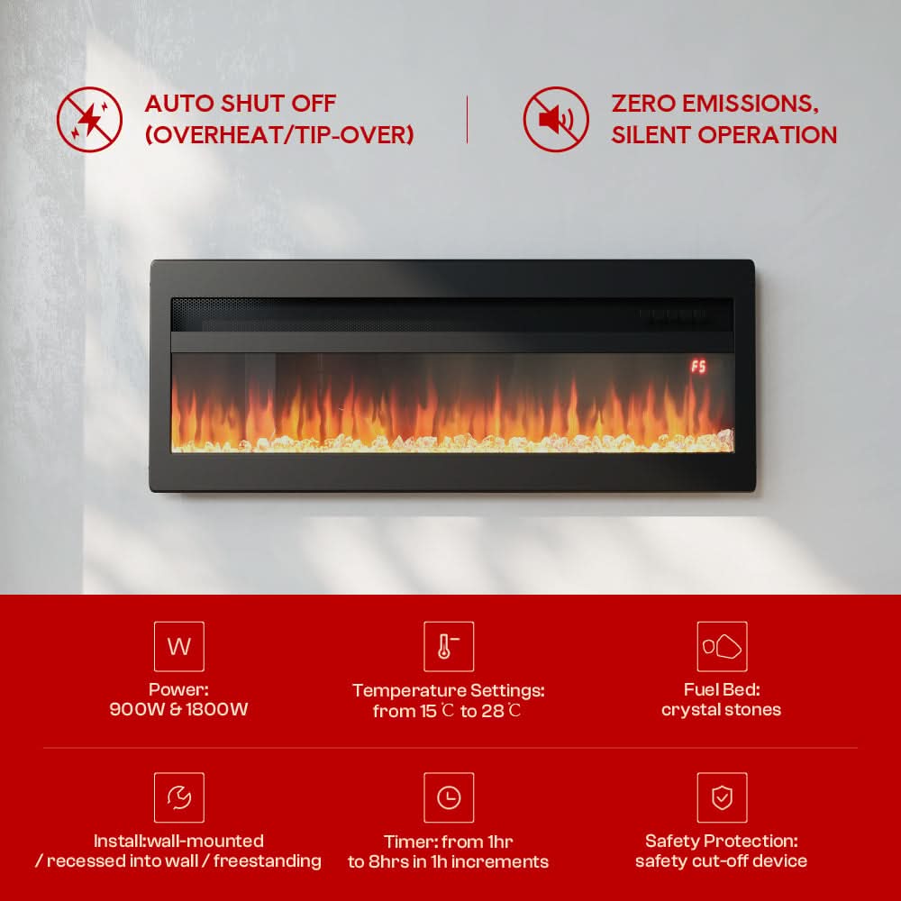 3-in-1 Recessed, Wall Mounted & Freestanding Electric Fireplace – 12 Flame Colours, 900W/1800W (40/50/60/70 Inch)