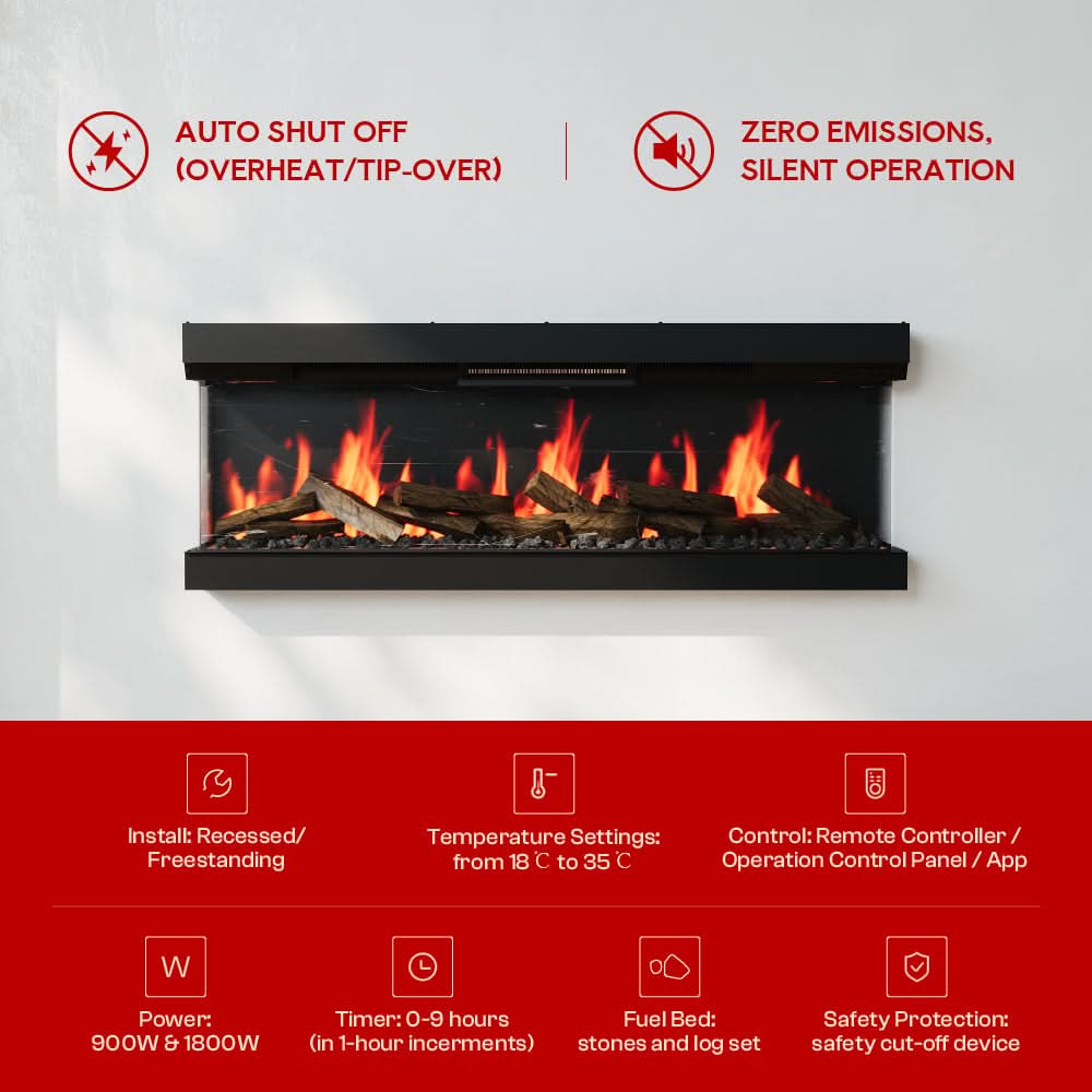 3-Sided Smart Electric Fireplace – WiFi & Remote Control, 12 Flame Colours with Gradient Effects (50/60 Inch)