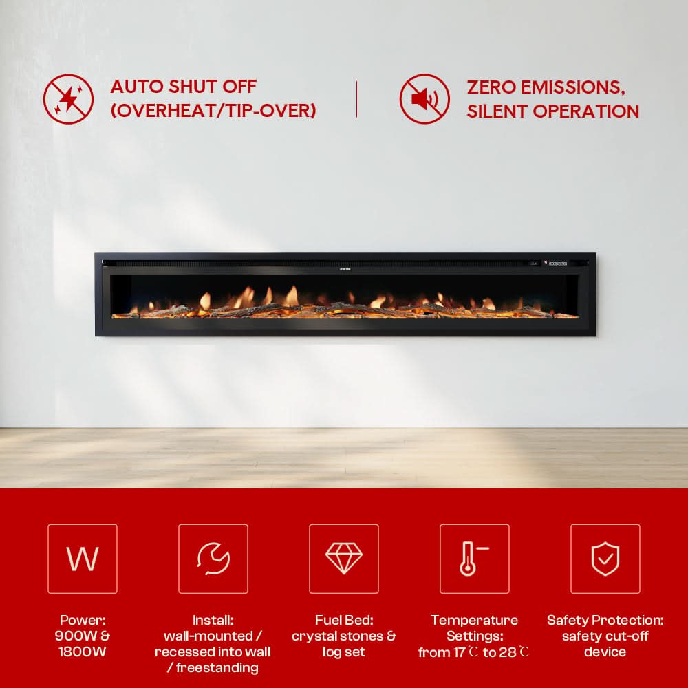 Extra Wide Wall Mounted Electric Fireplace – 12 Flame Colours, Remote Control & Dual Heat (70/80/100 Inch)