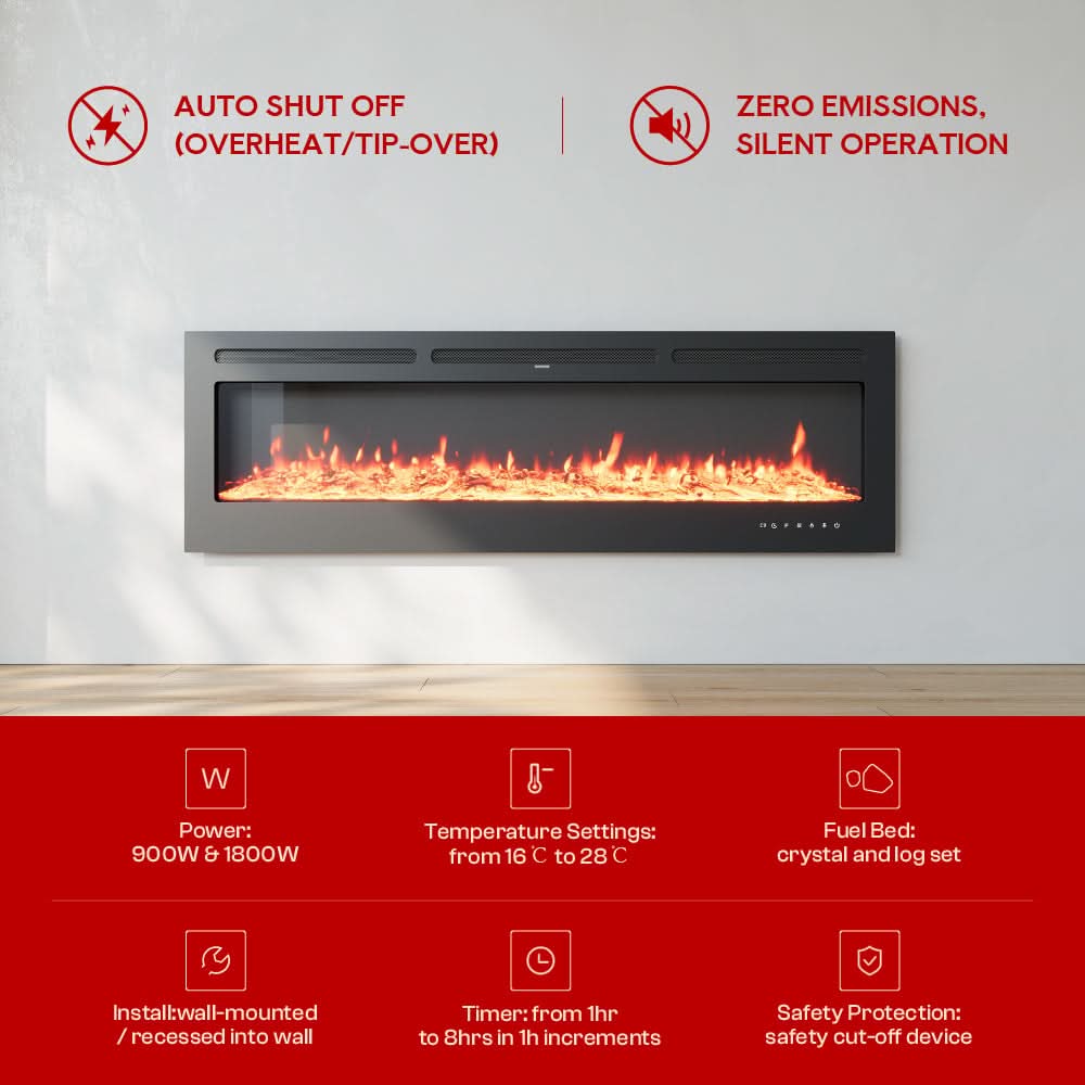 Recessed & Wall Mounted Electric Fireplace – 12 Flame Colours, 5120 BTU/h & Remote Control (40/50/60/70/80 Inch)