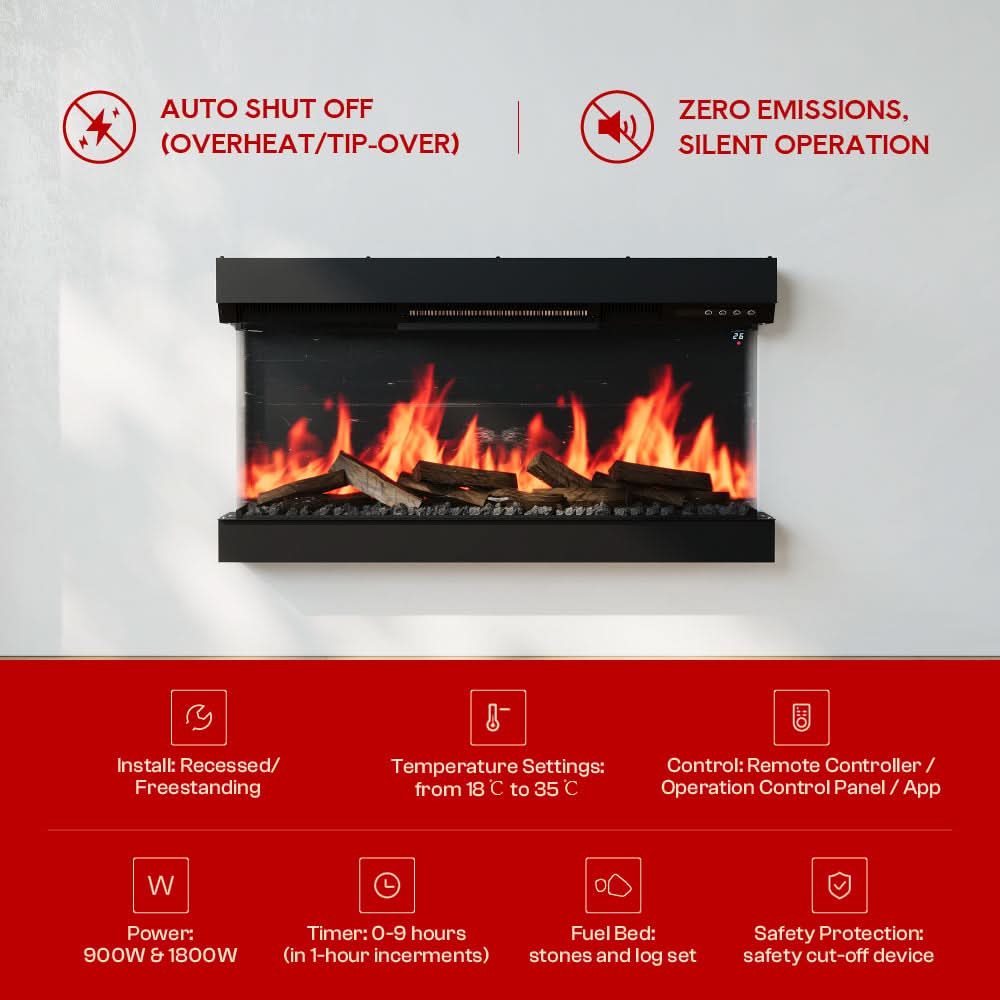 3-Sided Smart Electric Fireplace – WiFi & Remote Control, 12 Flame Colours with Gradient Effects (50/60 Inch)