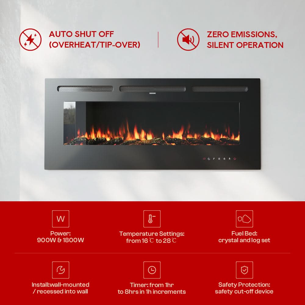 Recessed & Wall Mounted Electric Fireplace – 12 Flame Colours, 5120 BTU/h & Remote Control (40/50/60/70/80 Inch)
