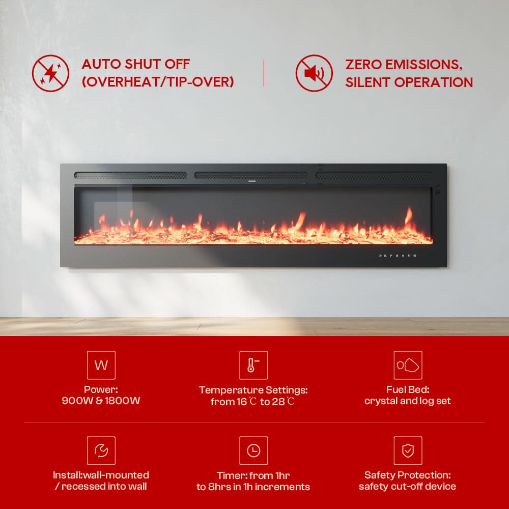 Recessed & Wall Mounted Electric Fireplace – 12 Flame Colours, 5120 BTU/h & Remote Control (40/50/60/70/80 Inch)