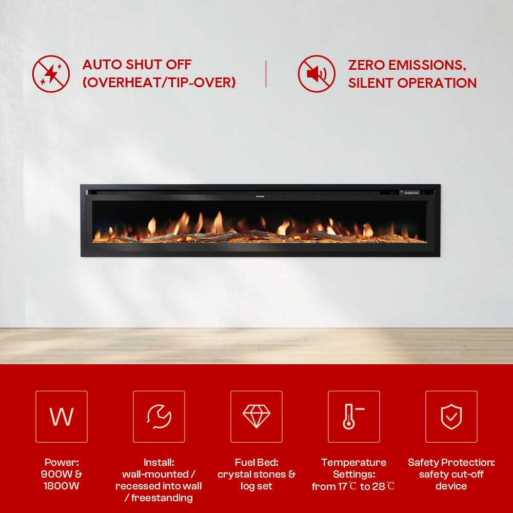Extra Wide Wall Mounted Electric Fireplace – 12 Flame Colours, Remote Control & Dual Heat (70/80/100 Inch)