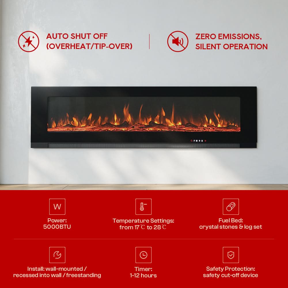 Wall Mounted Electric Fireplace – 12 Flame Colours & 5 Brightness Levels, Heats up to 400 sq ft (50/60/72 Inch)