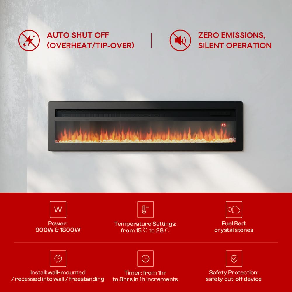 3-in-1 Recessed, Wall Mounted & Freestanding Electric Fireplace – 12 Flame Colours, 900W/1800W (40/50/60/70 Inch)