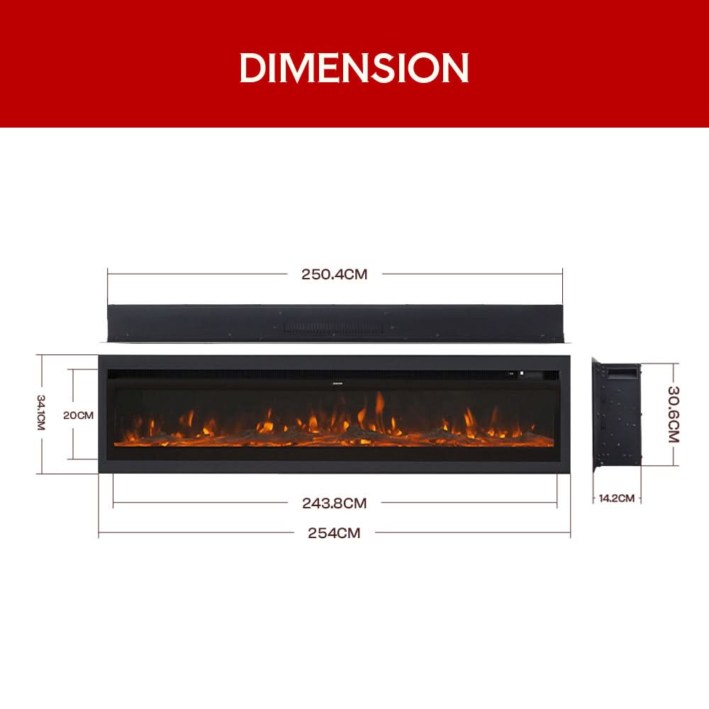 Extra Wide Wall Mounted Electric Fireplace – 12 Flame Colours, Remote Control & Dual Heat (70/80/100 Inch)