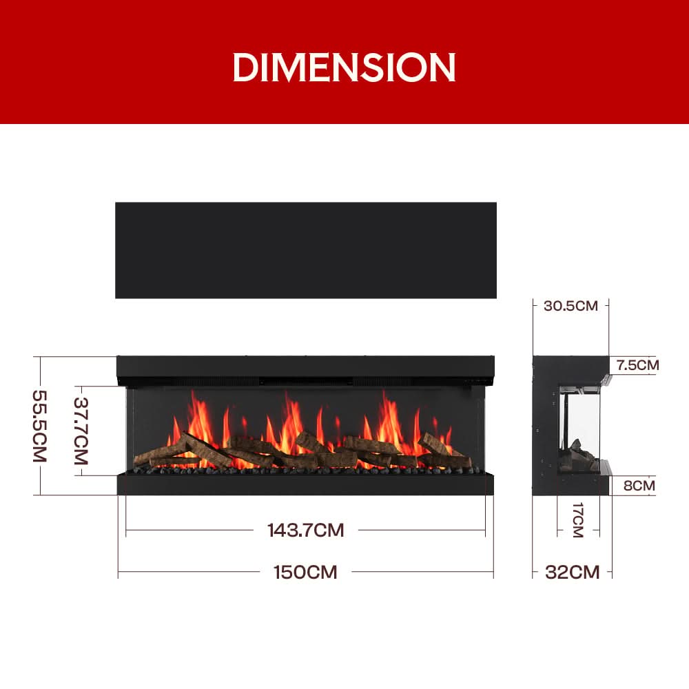 3-Sided Smart Electric Fireplace – WiFi & Remote Control, 12 Flame Colours with Gradient Effects (50/60 Inch)