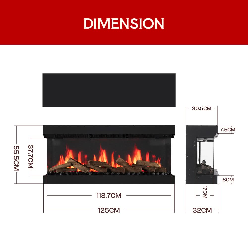 3-Sided Smart Electric Fireplace – WiFi & Remote Control, 12 Flame Colours with Gradient Effects (50/60 Inch)