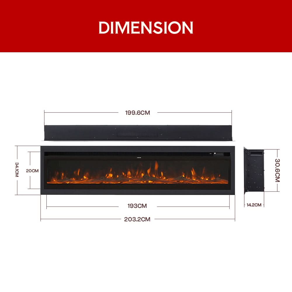 Extra Wide Wall Mounted Electric Fireplace – 12 Flame Colours, Remote Control & Dual Heat (70/80/100 Inch)