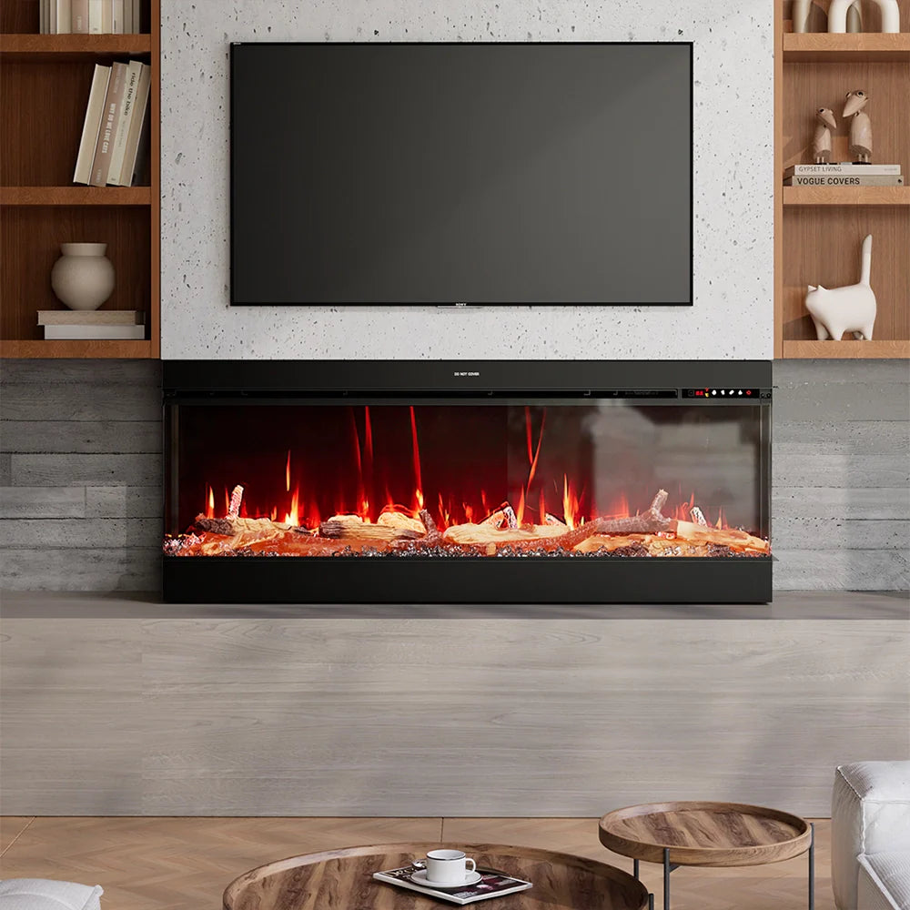 3-Sided Panoramic Electric Fireplace – WiFi App Control, Crackling Sound & 12 Flame Colours (50/60/70 Inch)