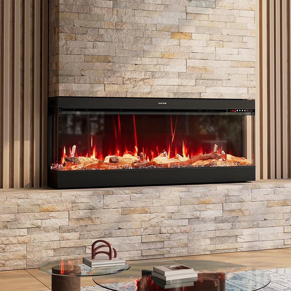 3-Sided Panoramic Electric Fireplace – WiFi App Control, Crackling Sound & 12 Flame Colours (50/60/70 Inch)