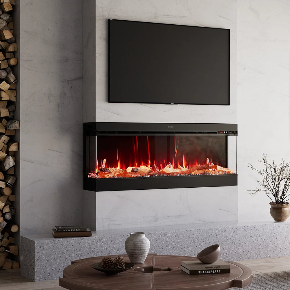 3-Sided Panoramic Electric Fireplace – WiFi App Control, Crackling Sound & 12 Flame Colours (50/60/70 Inch)