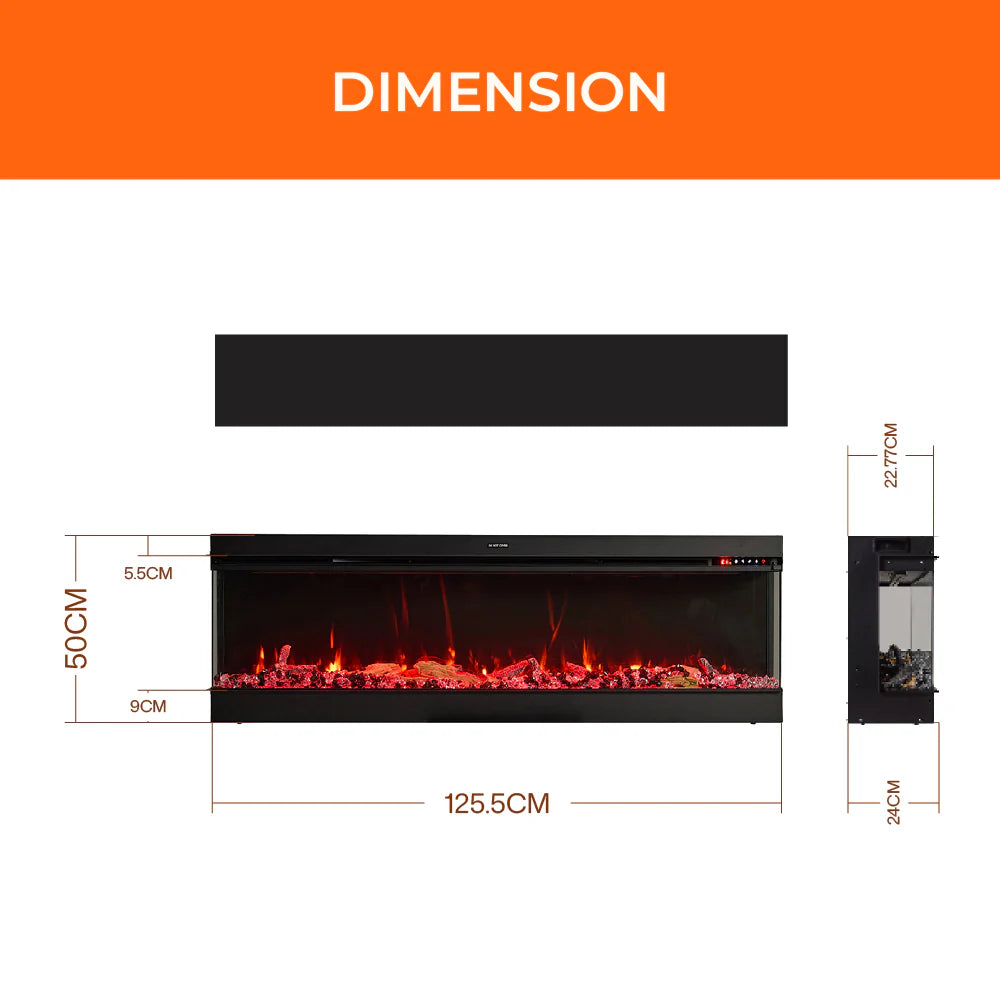 3-Sided Panoramic Electric Fireplace – WiFi App Control, Crackling Sound & 12 Flame Colours (50/60/70 Inch)