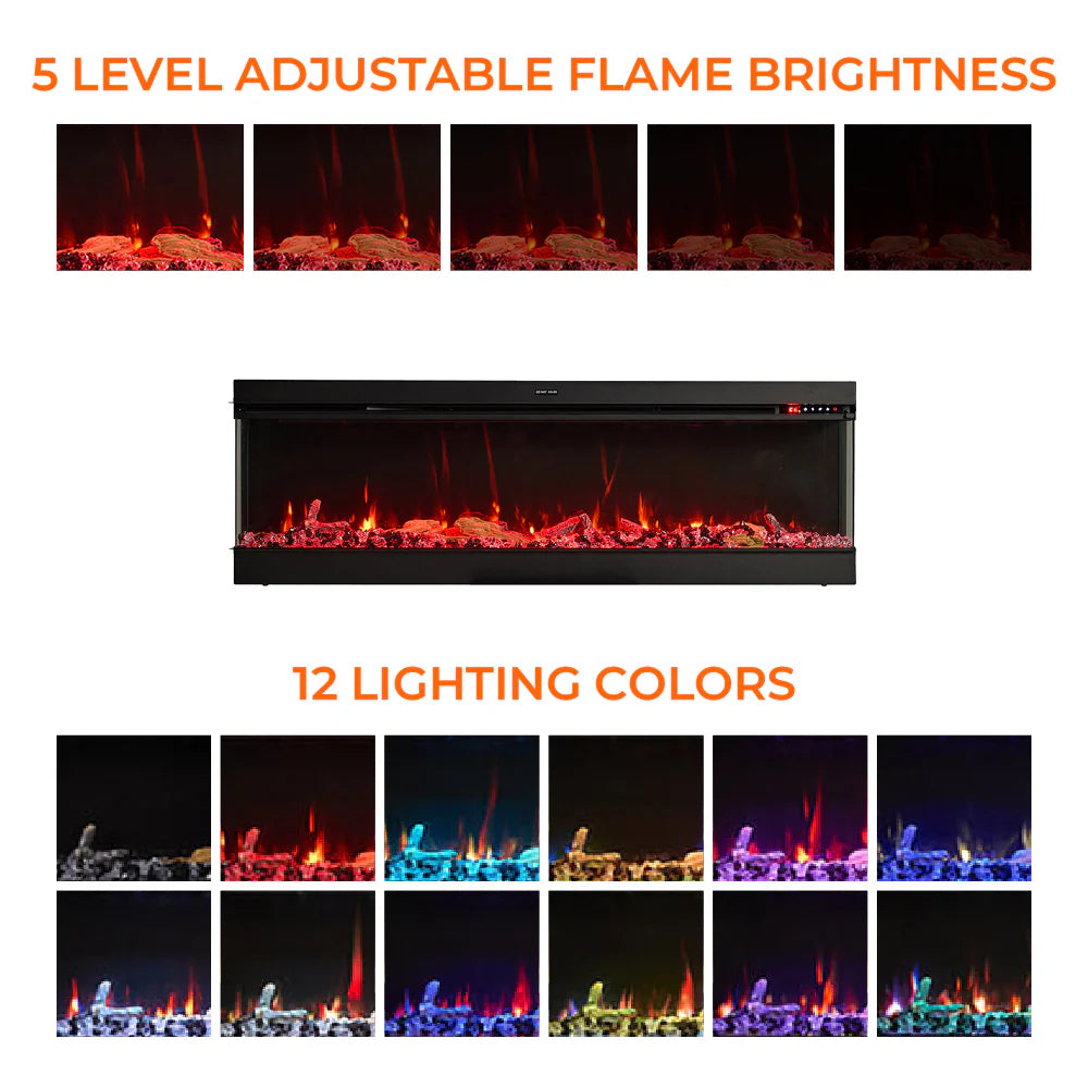 3-Sided Panoramic Electric Fireplace – WiFi App Control, Crackling Sound & 12 Flame Colours (50/60/70 Inch)