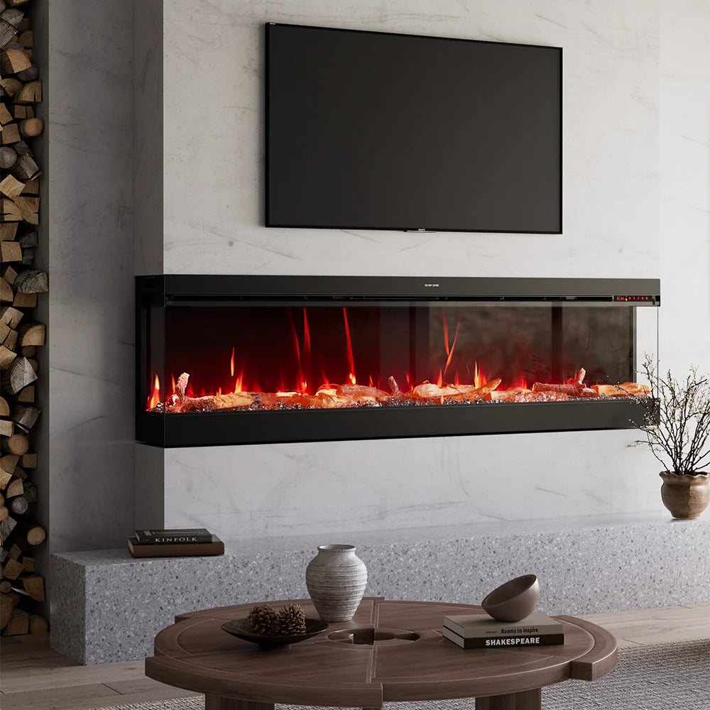 3-Sided Panoramic Electric Fireplace – WiFi App Control, Crackling Sound & 12 Flame Colours (50/60/70 Inch)