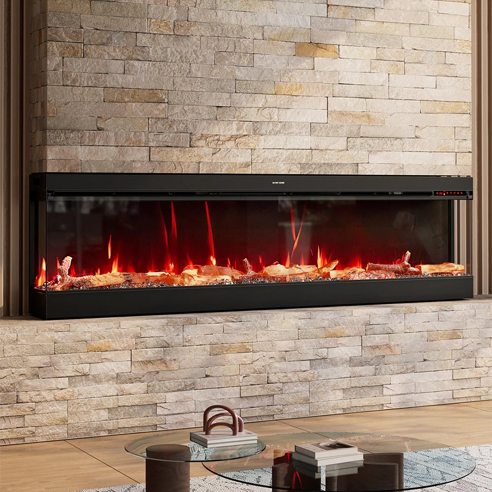 3-Sided Panoramic Electric Fireplace – WiFi App Control, Crackling Sound & 12 Flame Colours (50/60/70 Inch)